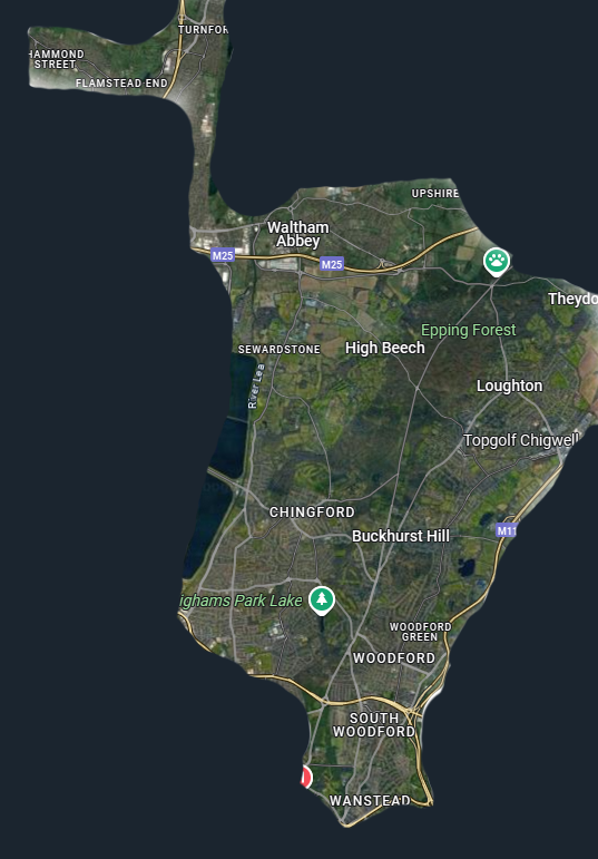 An image taken from Google Maps that shows the area in which Lernin Driving School operates, from Cheshunt & Waltham Abbey right down to Wanstead with Loughton Buckhurst Hill Woodford and South Woodfrod and of course Chingford on the way.