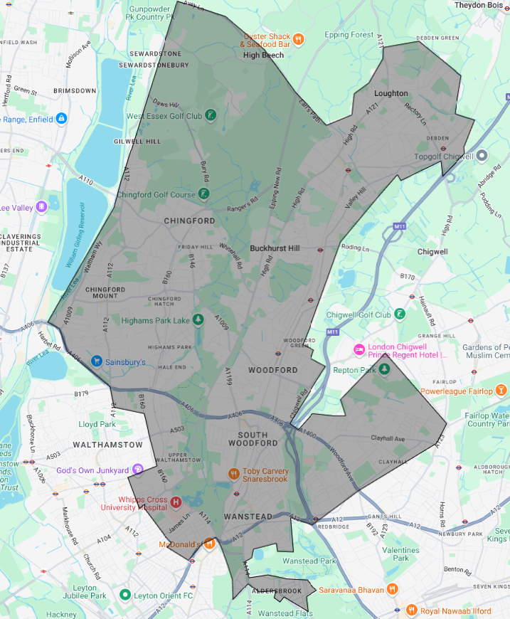 Driving Lessons in Walthamstow E17 =-Service area map for driving lessons near Walthamstow including Chingford and Woodford